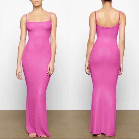 RARE SKIMS SOFT LOUNGE SHIMMER LONG SLIP DRESS IN FUSCHIA SIZE LARGE - Picture 1 of 7
